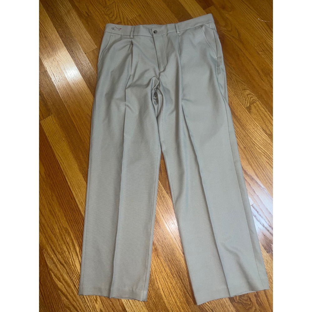 Greg Norman Shark Mens Khaki Micro Check 1 Pleat Golf Pants Size 34x30
